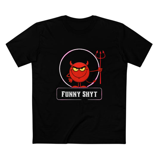 Black t-shirt with a red devil graphic and 'FUNNY SHYT' text on a white background